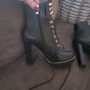 Gold studded lace up platform heel booties